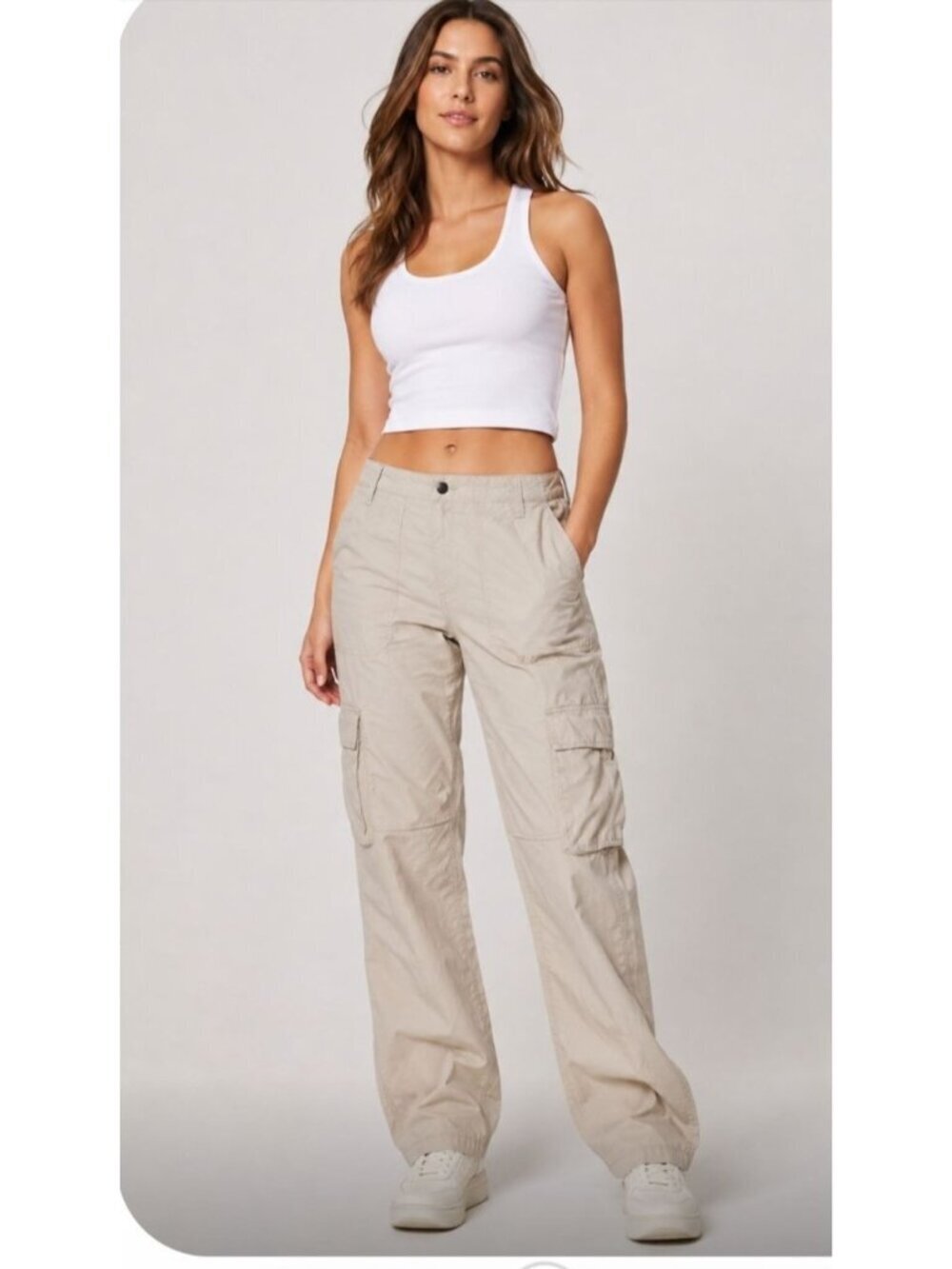 H & M Regular Fit Womens Cargo Pants Outdoor Utility Pockets Size L Khaki Tan